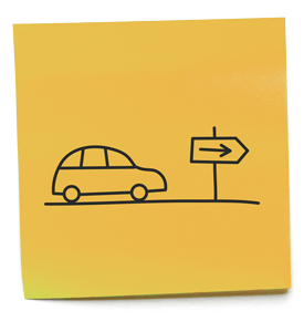 Yellow sticky note with a drawing of a car and a road sign