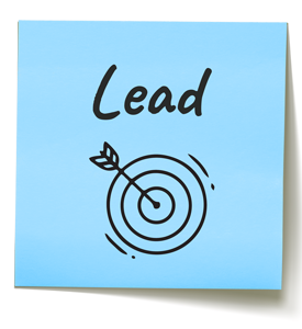 Blue sticky note with the word lead and a bullseye