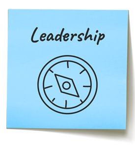 Blue sticky note with the word leadership and a compass drawn on it.
